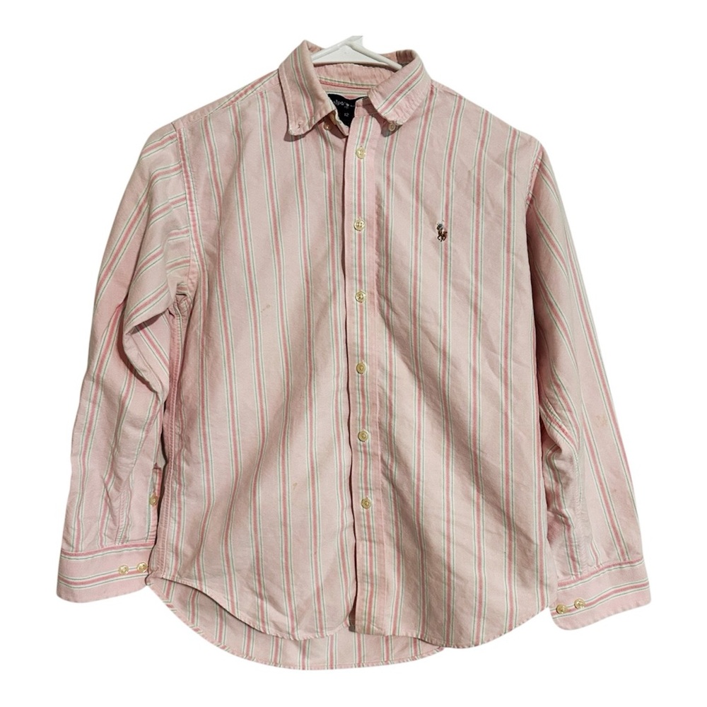 RALPH LAUREN Boy - Girl Pink White Blue Striped Button-Down Shirt Size 12